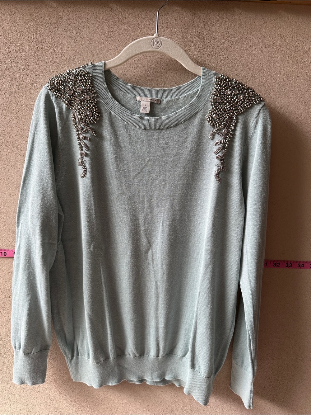 Halogen Mint Green Beaded Shoulder Crewneck Sweater